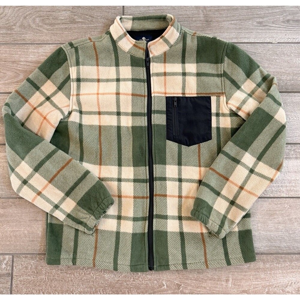 Craft + Flow Fleece Plaid Full Zip Jacket Mens Medium Green Brown Pockets